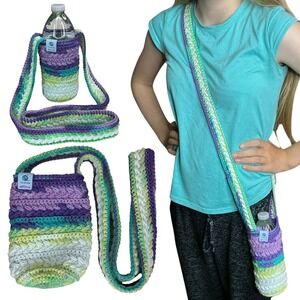 Handmade Multicolor Crochet Water Bottle Holder Bag Wheat Stitch Boho Crossbody